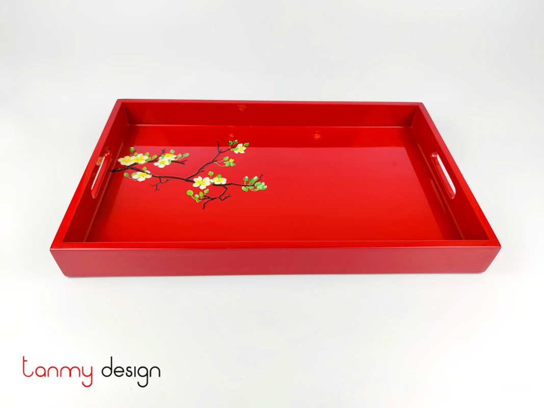 Red rectangular lacquer tray hand-painted with apricot blossom 28*45cm